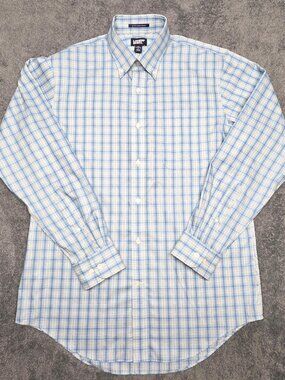 Lands End No Iron Supima Pinpoint Shirt Blue Plaid Mens Medium